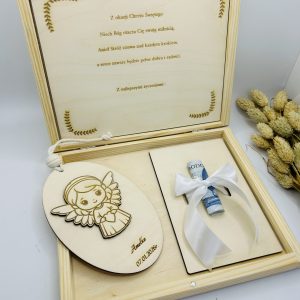 Personalizowane Drewniane Pudełko na Chrzest Święty z Grawerem + Tabliczka z Aniołkiem (dziewczynka)